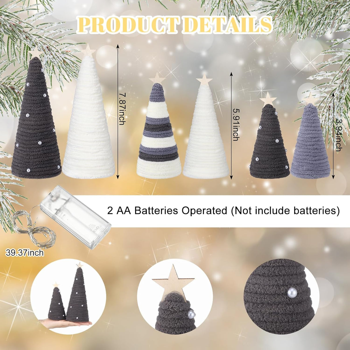 Árboles de lana navideños, decoración rústica, 6 piezas, LED