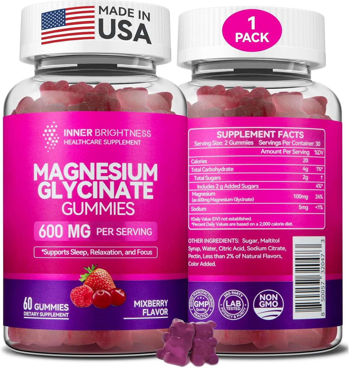 Gummies de Magnesio Glycinato 600mg Non-GMO Gluten-Free 60u