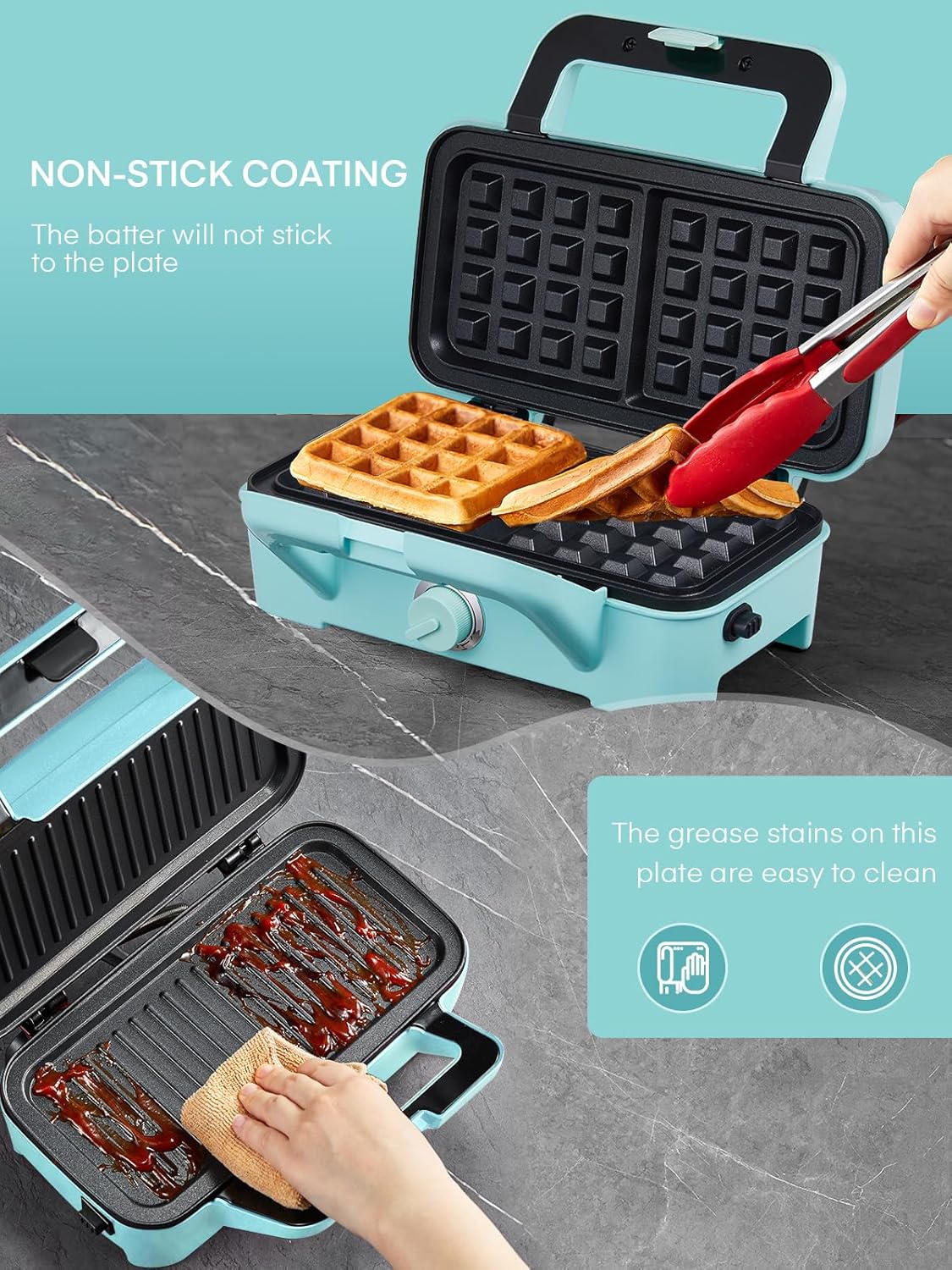 Waffle Maker 3 en 1 FOHERE, 1200W, Placas Desmontables, Control 5 Niveles