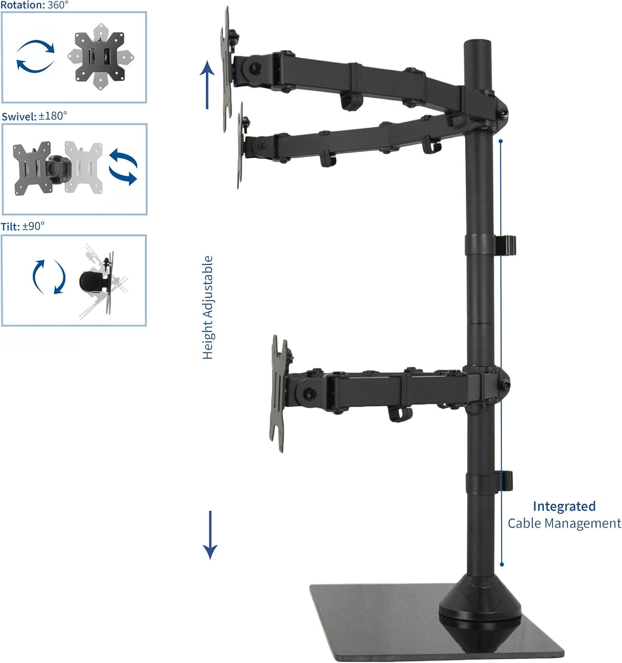 Soporte de Escritorio para 4 Monitores VIVO, Base de Vidrio, STAND-V004FG