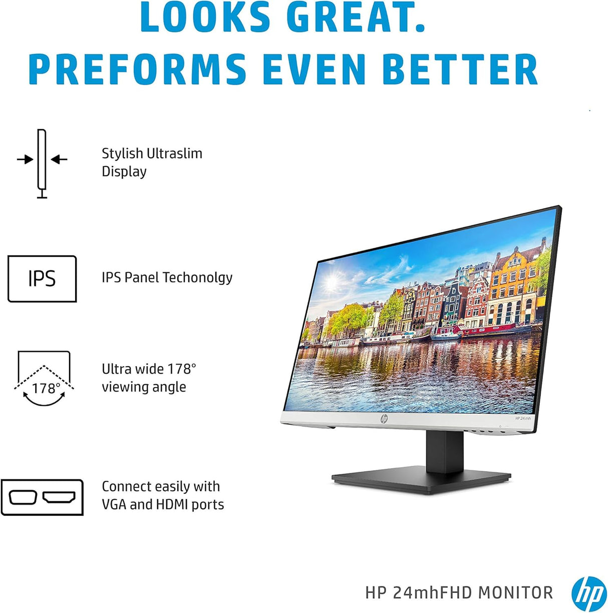 Monitor HP 24mh FHD 23.8 IPS, alt./inclin. ajustable, 1D0J9AA