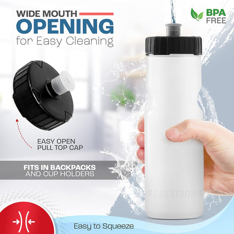 50 Strong - Paquete de 6 botellas de agua para deportes, 22 onzas Botella para bicicleta y deporte sin bisfenol A, con tapa fácil de abrir sin rosca, fabricada en Estados Unidos.