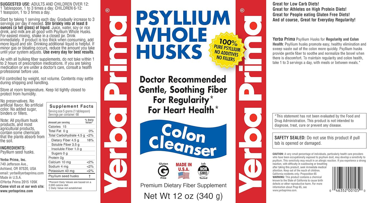 Limpiador de Colon Yerba Prima Psyllium, 12 oz (Paquete de 3)