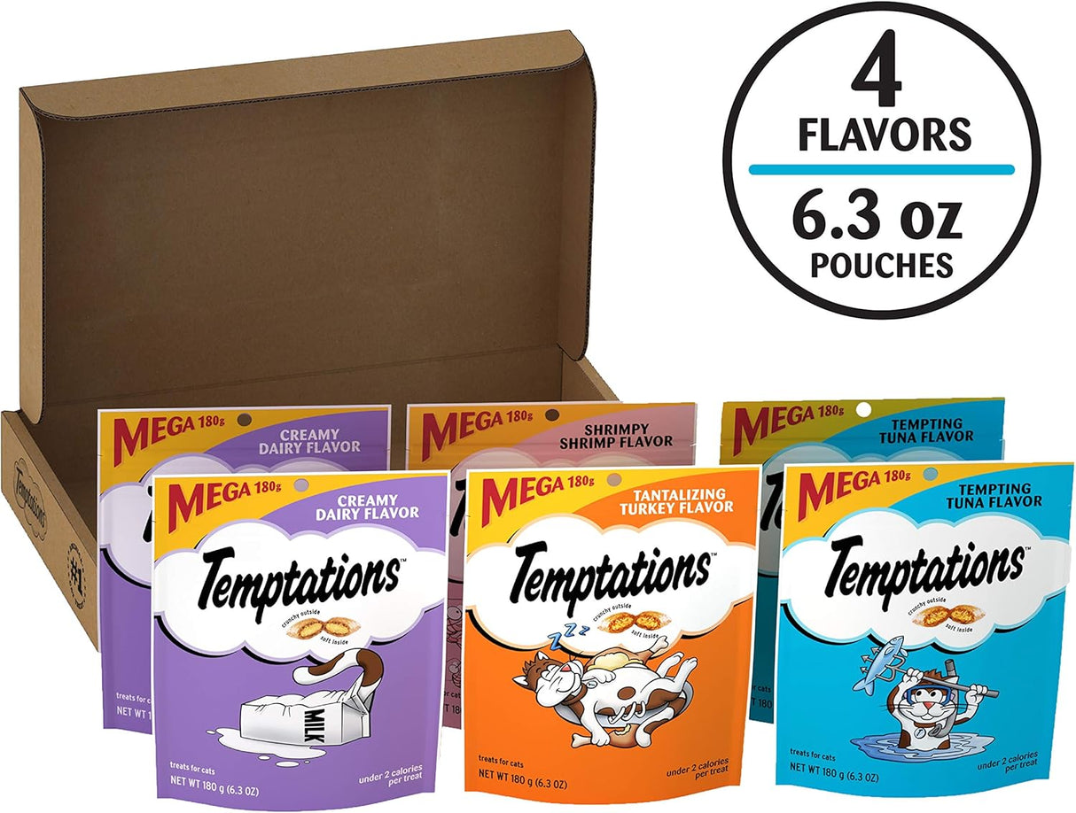 Paquete variado de mezcla de sorpresas para gatos, sabores lácteos, atún, camarones y pavo.