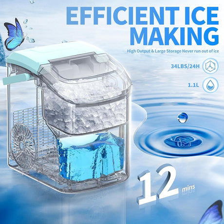Máquina de Hielo Nugget, 34lbs/día, Auto-limpieza, Portátil