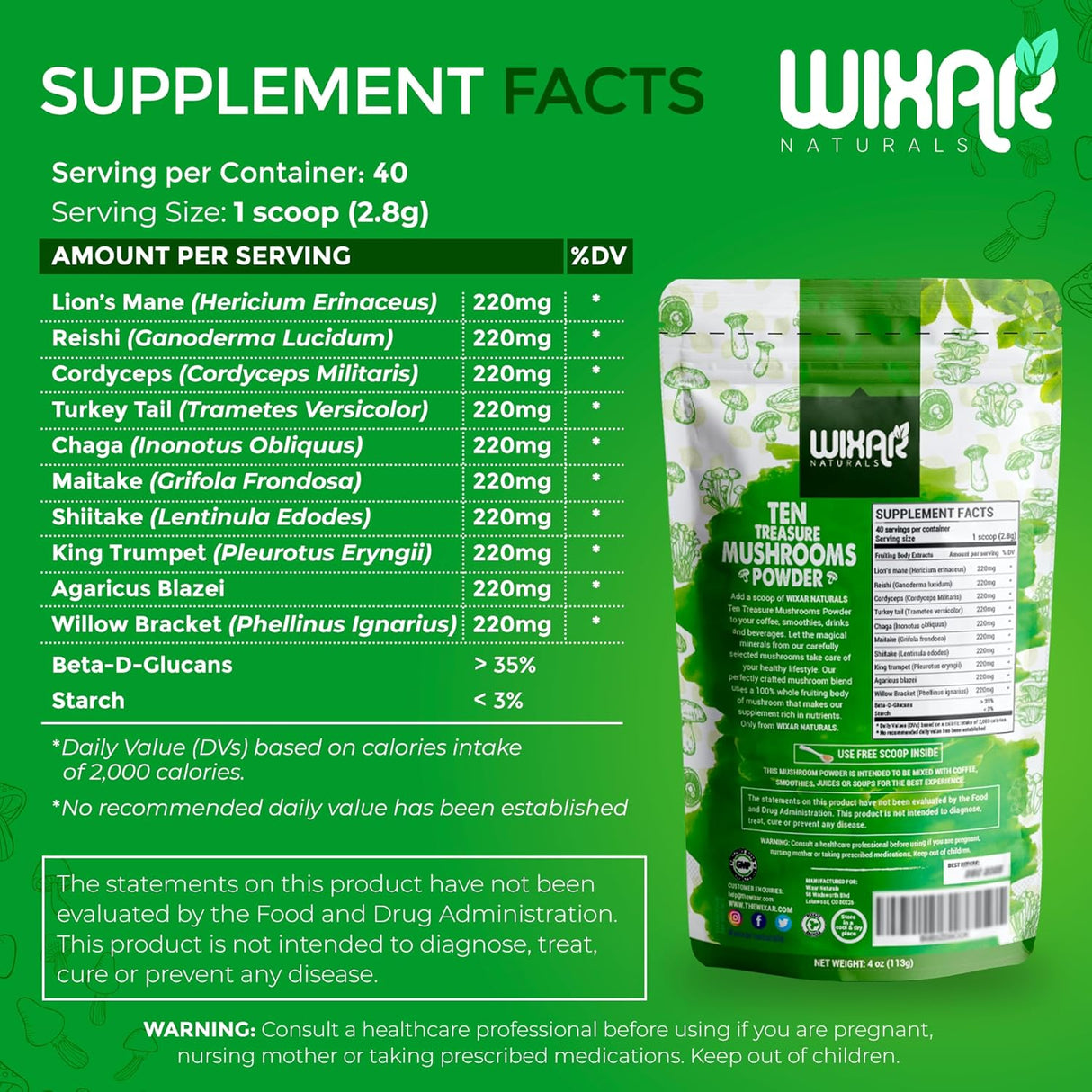 Suplemento de Hongos Wixar - Mezcla 10 Hongos Extracto 4oz