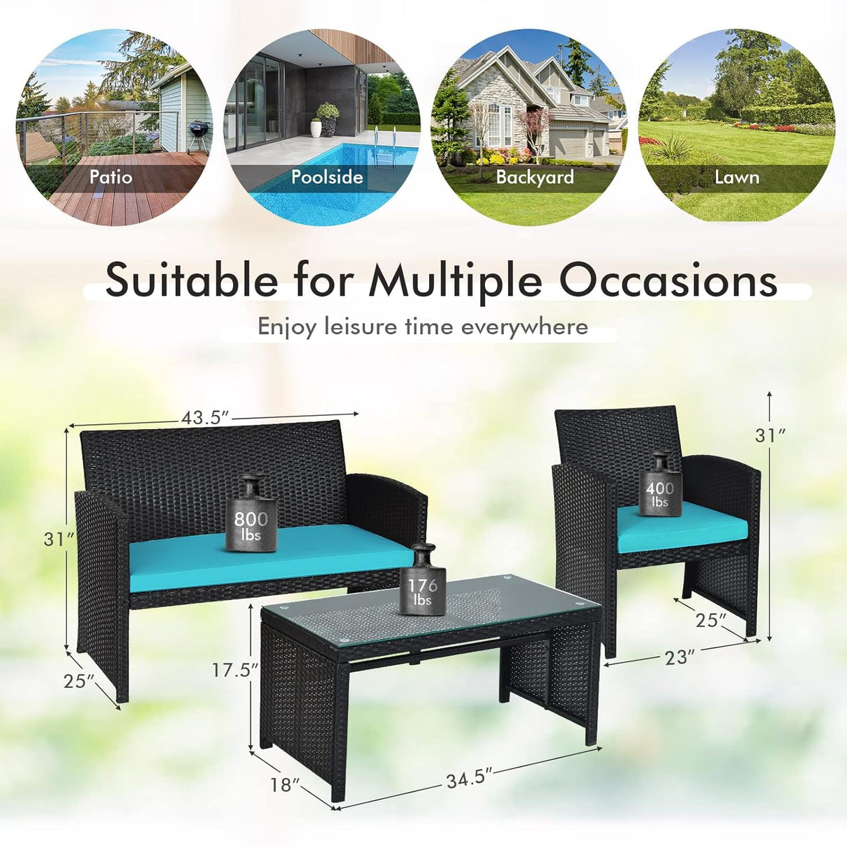 Goplus Juego de muebles de ratán para patio, 4 piezas, sofá y mesa de mimbre para exteriores con cojines suaves y mesa de centro de vidrio templado para balcón, jardín, patio trasero (turquesa)