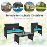 Goplus Juego de muebles de ratán para patio, 4 piezas, sofá y mesa de mimbre para exteriores con cojines suaves y mesa de centro de vidrio templado para balcón, jardín, patio trasero (turquesa)