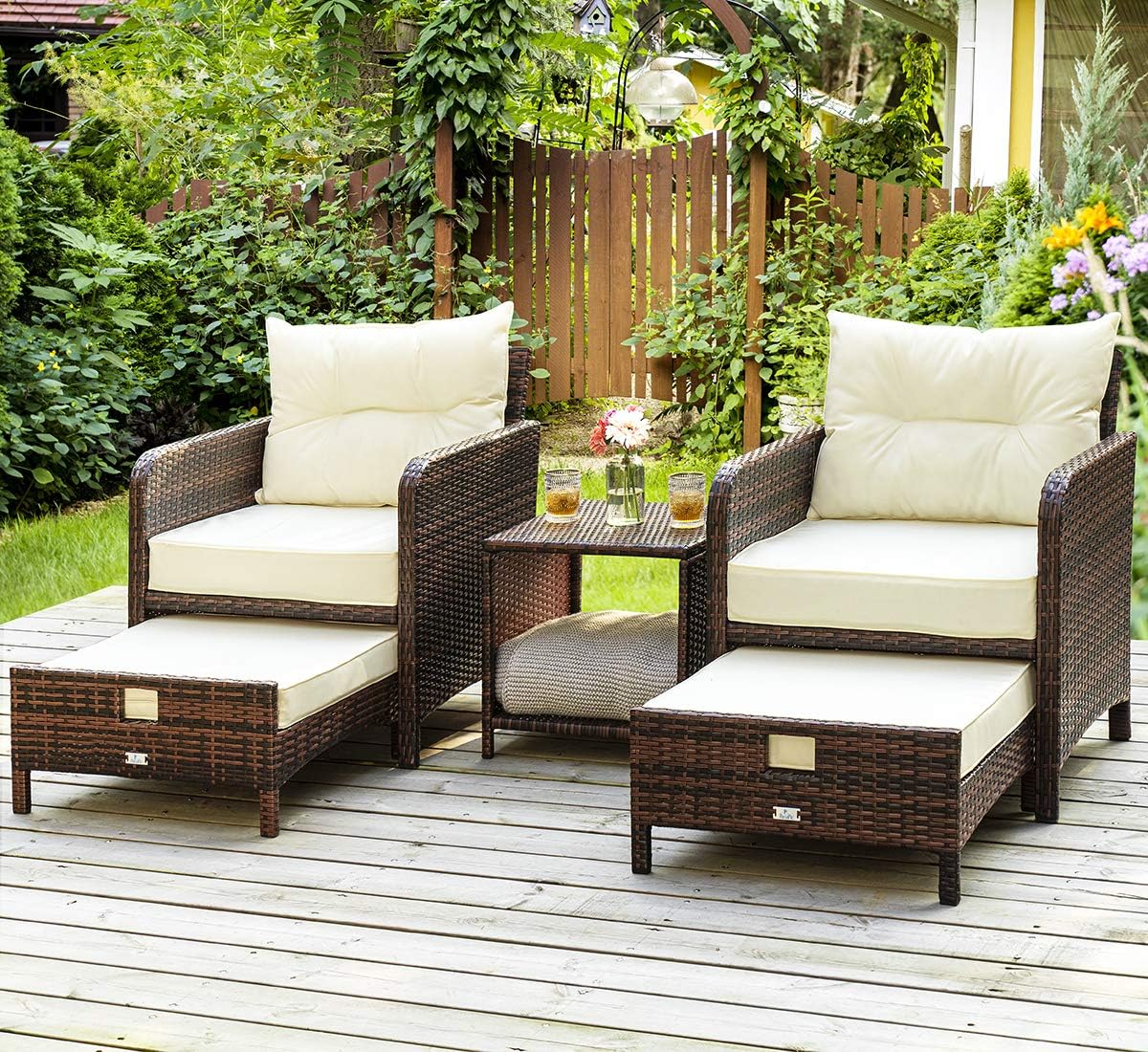 Pamapic Juego de 5 muebles de mimbre para patio, sillas de patio al aire libre con otomanas, muebles de conversación con coffetable para jardín y balcón (beige)
