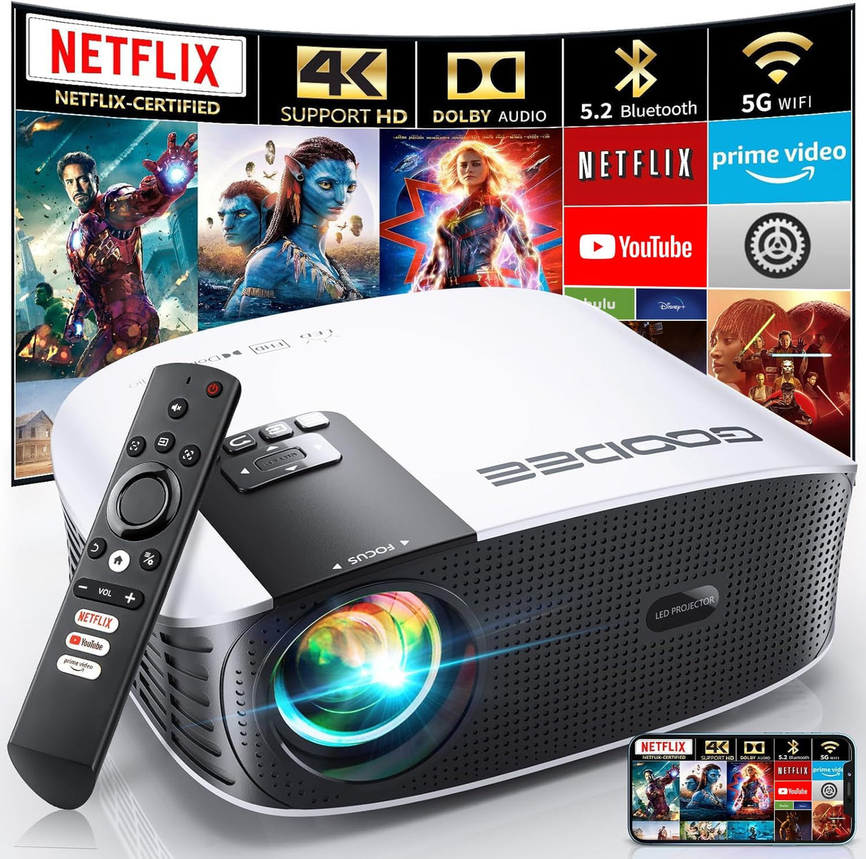 Proyector GooDee 4K Smart, 5G WIFI, Bluetooth, Dolby Audio