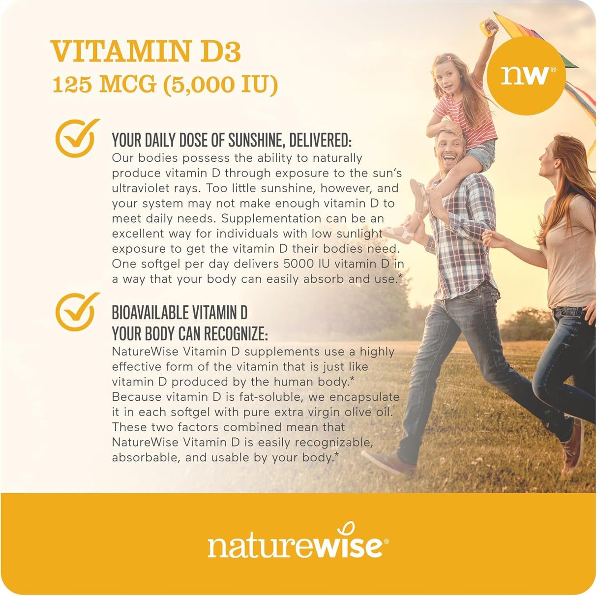 Vitamin D3 5000iu NatureWise, Función Muscular y Inmunidad, 200 Softgels