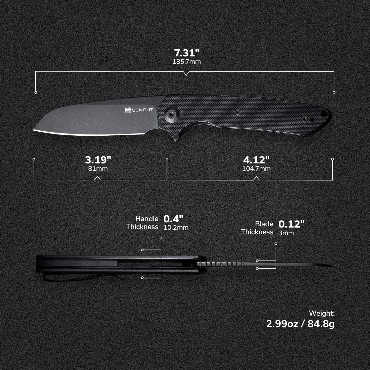 Cuchillo plegable, hoja negra lavada a la piedra con mango