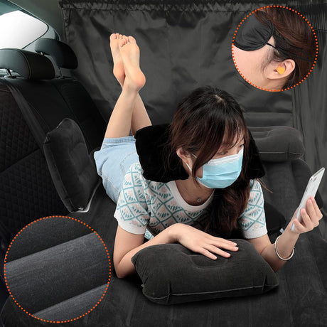 Colchón inflable de aire para coche, cortina divisora de coche, sombra para asiento trasero, cama, colchón de coche, camping, ventana de coche, con bomba de aire, 2 almohadas de aire, almohada de viaje, tapones para los oídos para SUV, RV, camión