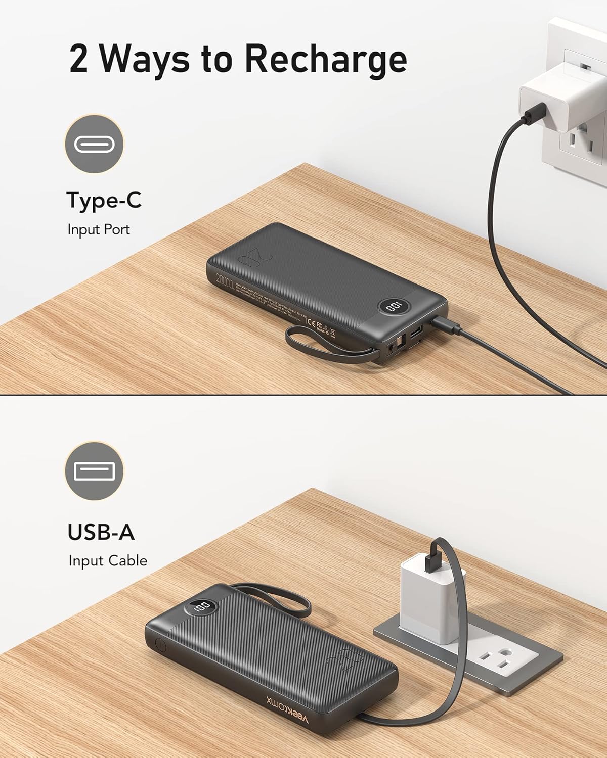 Cargador de energía con cables integrados y pantalla LED
