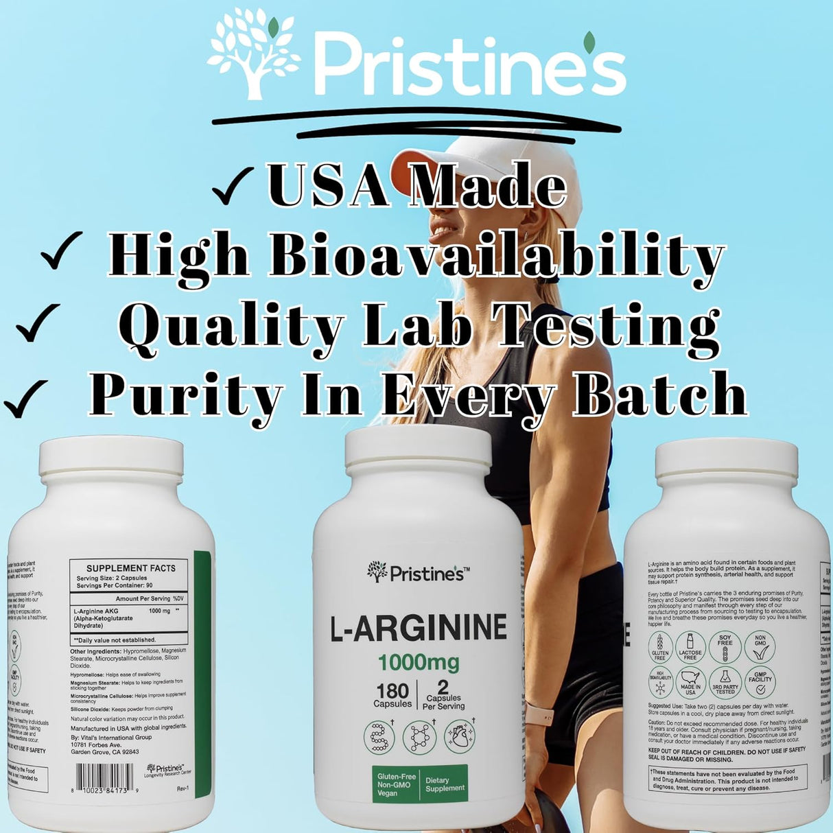Suplemento de Óxido Nítrico L Arginina 1000mg - PRISTINE