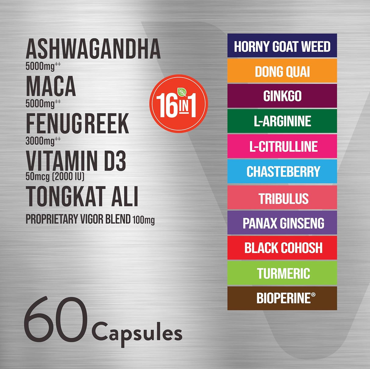Viteey Ashwagandha 5000mg, Maca, Fenugreek, D3, Tongkat 60 cápsulas
