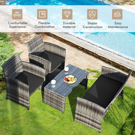 Goplus Juego de muebles de ratán de 4 piezas, sofá de conversación de mimbre para exteriores con cojines resistentes a la intemperie y mesa de vidrio templado para césped, patio, piscina, jardín (negro)