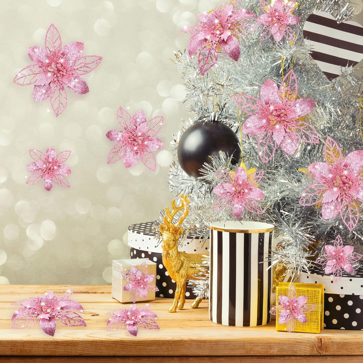 Flores Poinsettia Artificiales Boao 24 Piezas Decoración Navidad