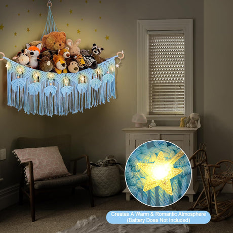 Macramé con Luz Estrellada para Almacenaje de Peluches