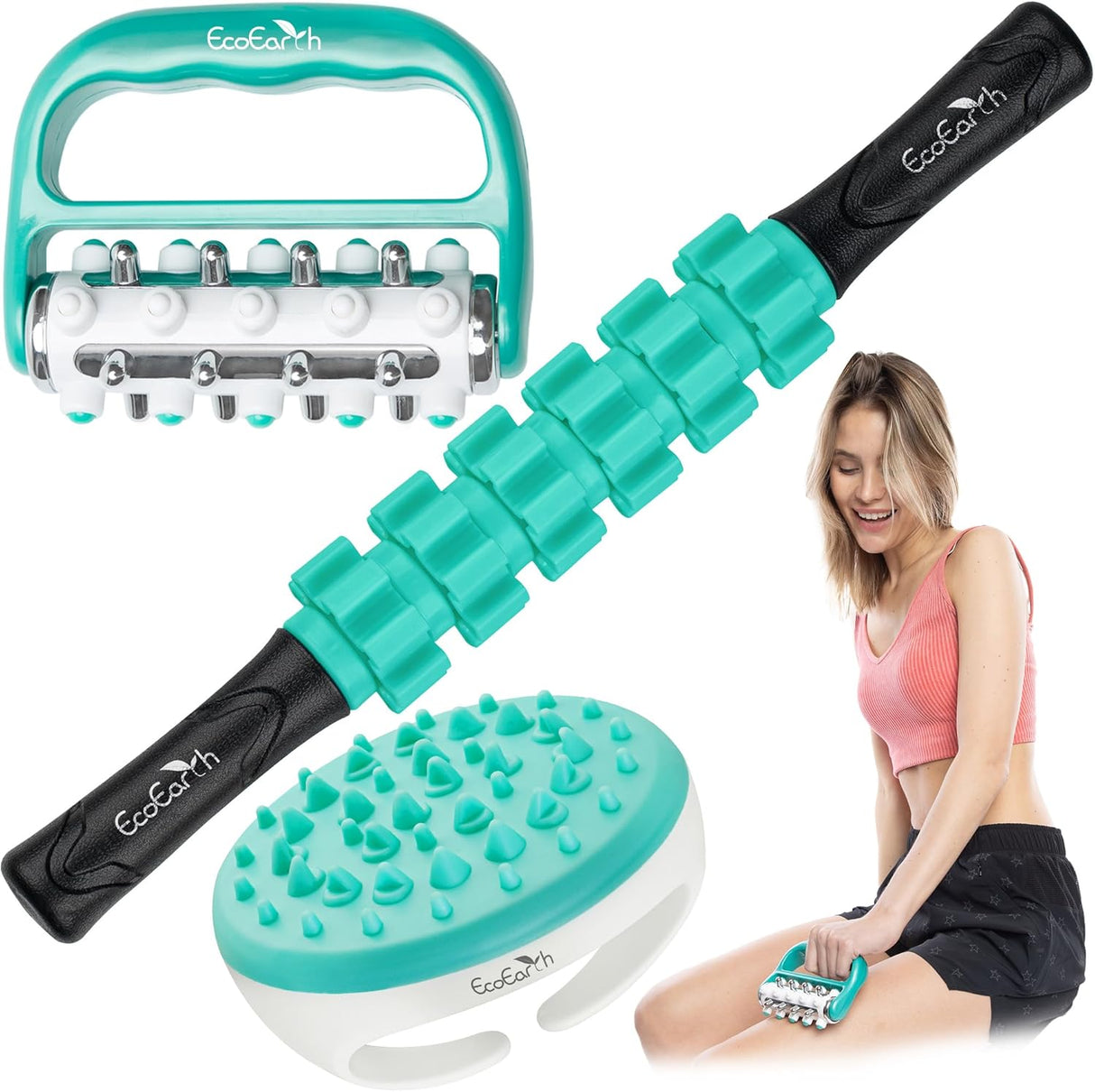 EcoEarth Kit de Masaje 3 en 1 - Rodillo, Scrubber y Masajeador