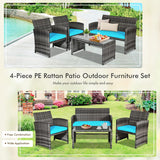 Goplus Juego de muebles de ratán de 4 piezas, sofá de conversación de mimbre para exteriores con cojines resistentes a la intemperie y mesa de vidrio templado para césped, patio, piscina, jardín (turquesa)