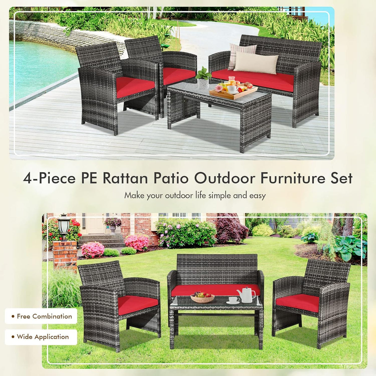Goplus Juego de muebles de ratán de 4 piezas, sofá de conversación de mimbre para exteriores con cojines resistentes a la intemperie y mesa de vidrio templado para césped, patio, piscina, jardín (rojo)