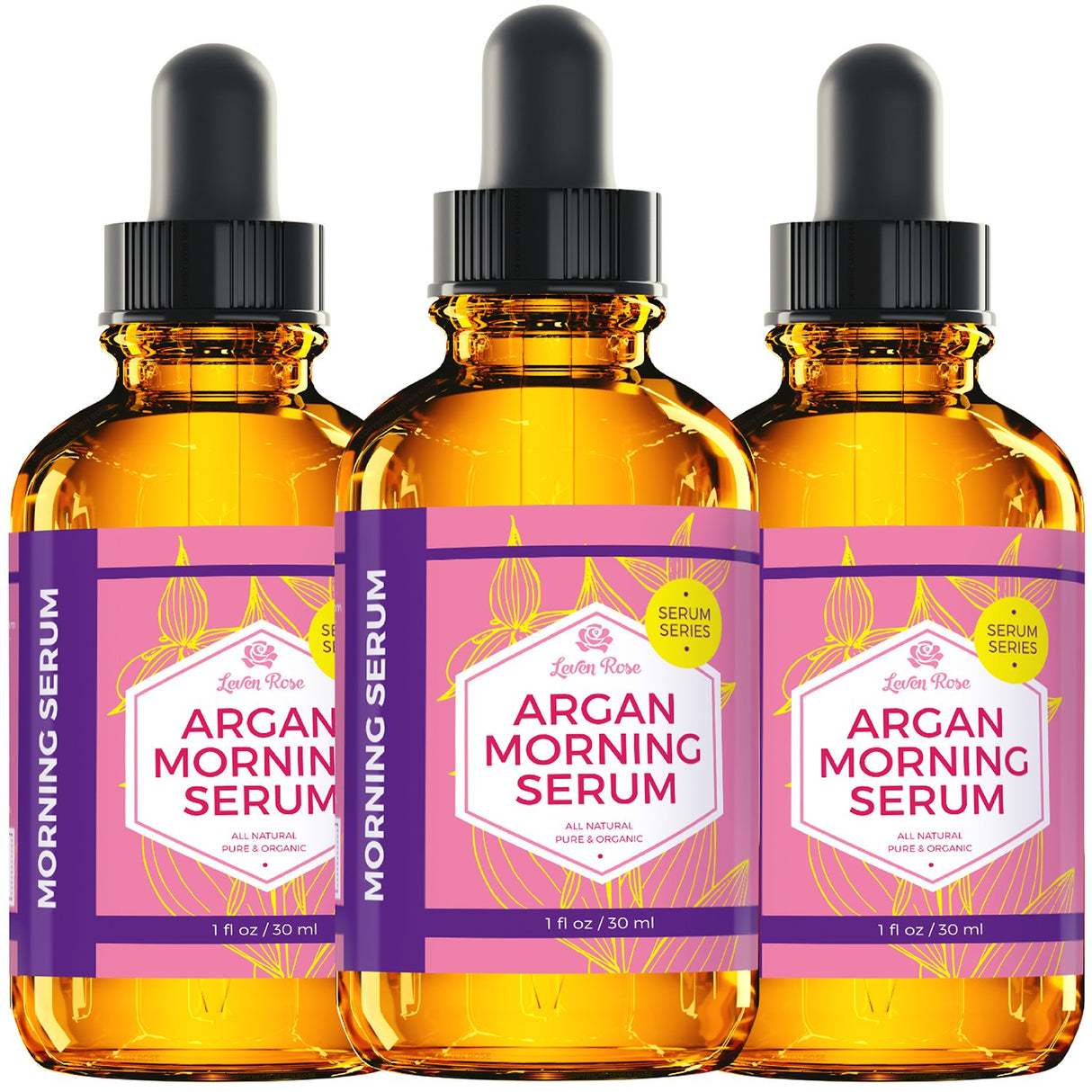 Leven Rose Suero de Argán para la mañana, 100% puro, orgánico, natural, ilumina la tez, estimula el colágeno y la elastina natural, reduce las líneas de expresión y arrugas, 1&nbsp;oz