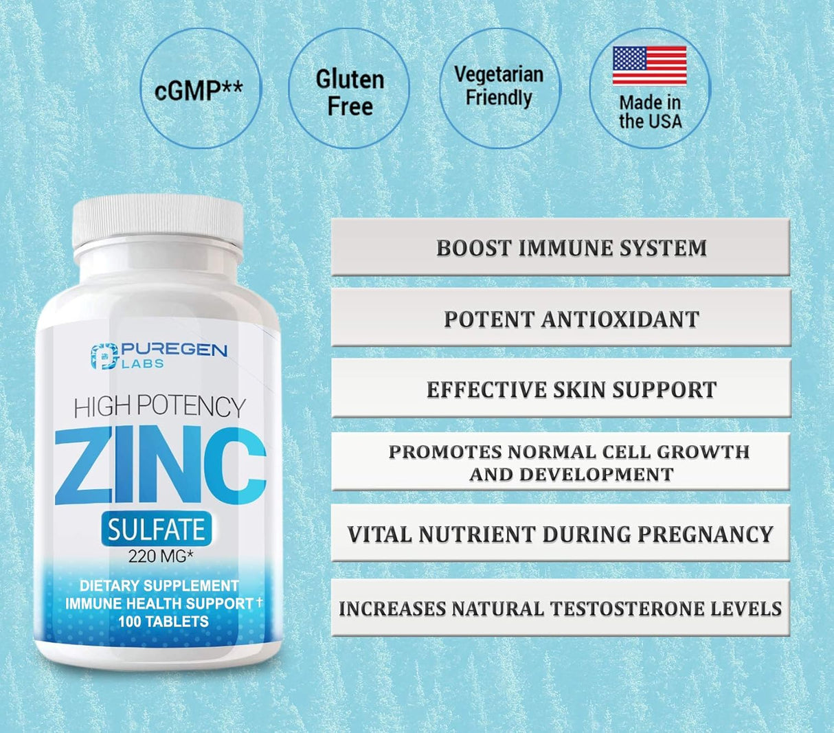 Suplementos Zinc 220mg alta potencia Sulfato de zinc 100 un