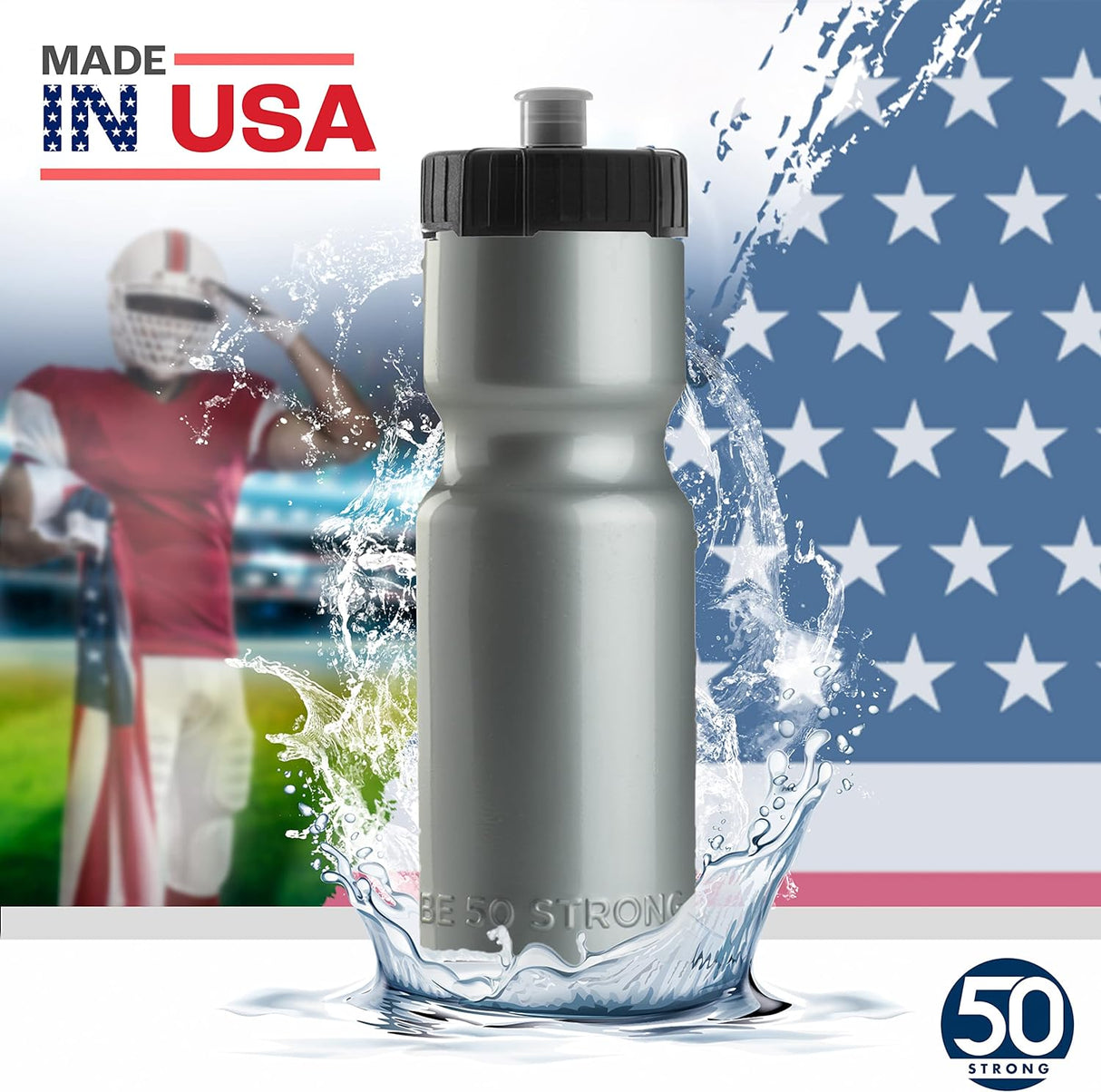 50 Strong - Paquete de 6 botellas de agua para deportes, 22 onzas Botella para bicicleta y deporte sin bisfenol A, con tapa fácil de abrir sin rosca, fabricada en Estados Unidos.