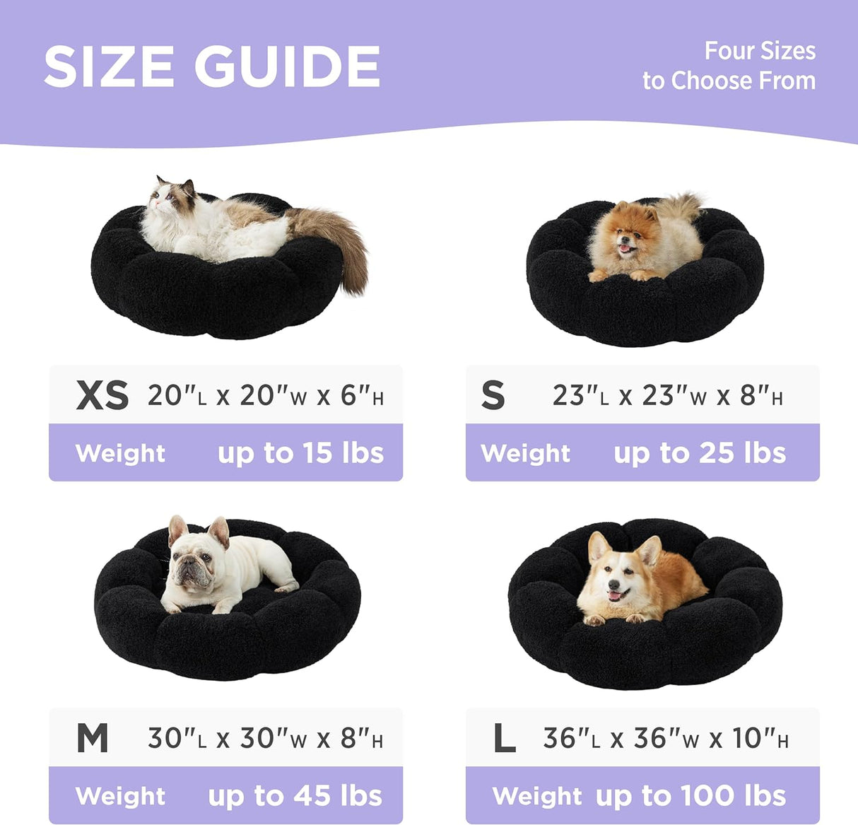 Cama grande calmante para perros de dona de flores en sherpa