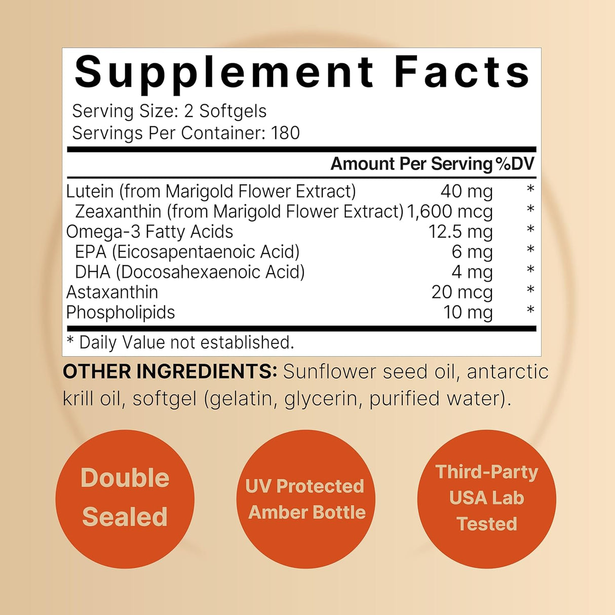 Luteína 40 mg y zeaxantina 1,600 mcg por porción, 360 cápsulas blandas | 4 en 1 con omega-3, astaxantina y fosfolípidos - Extracto de flor de caléndula - Vitaminas antioxidantes para los ojos - Sin