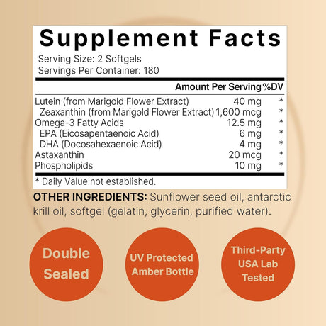 Luteína 40 mg y zeaxantina 1,600 mcg por porción, 360 cápsulas blandas | 4 en 1 con omega-3, astaxantina y fosfolípidos - Extracto de flor de caléndula - Vitaminas antioxidantes para los ojos - Sin