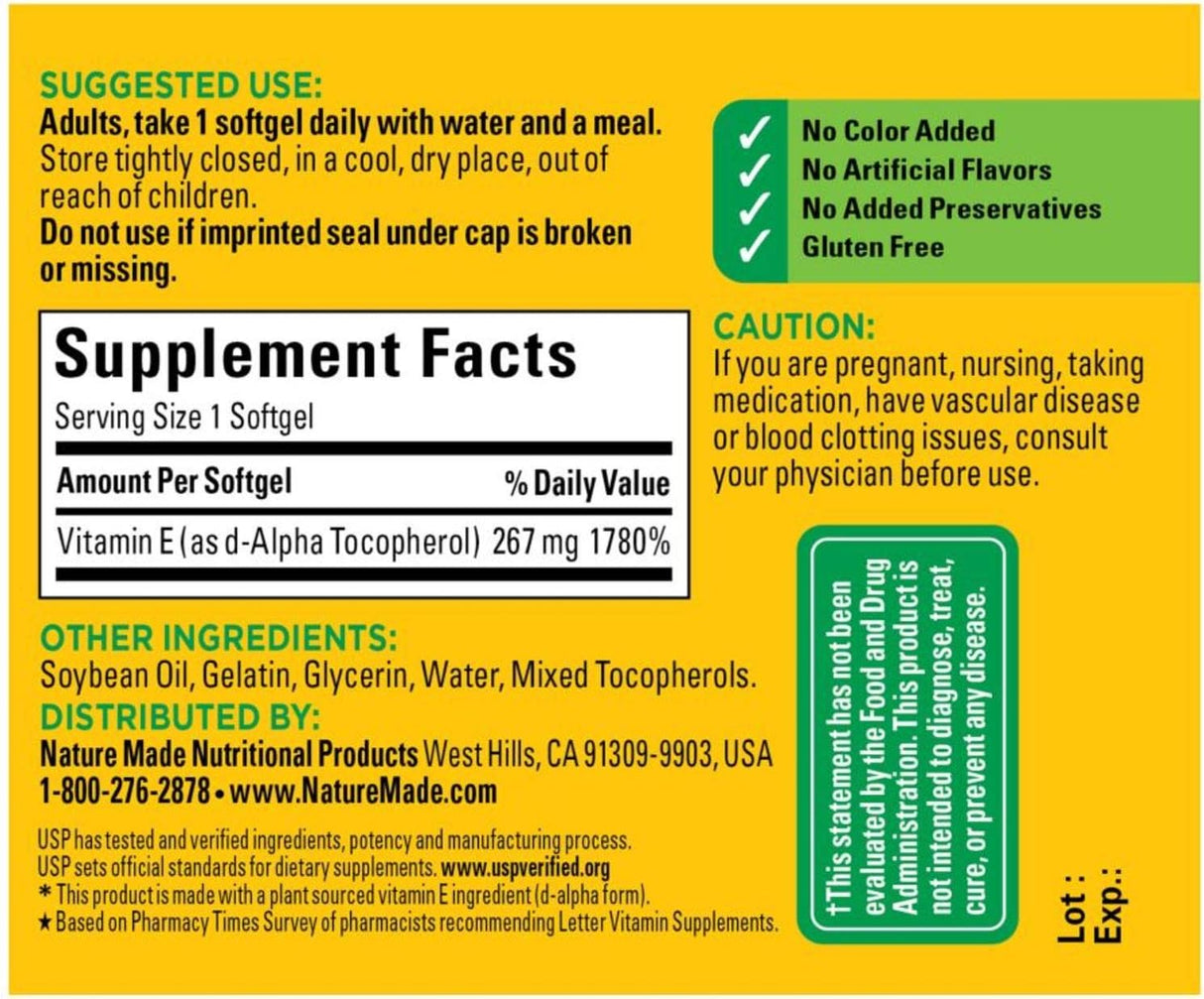 Suplemento Vitamina E 267 mg (400 UI) d-Alpha  100 unidades