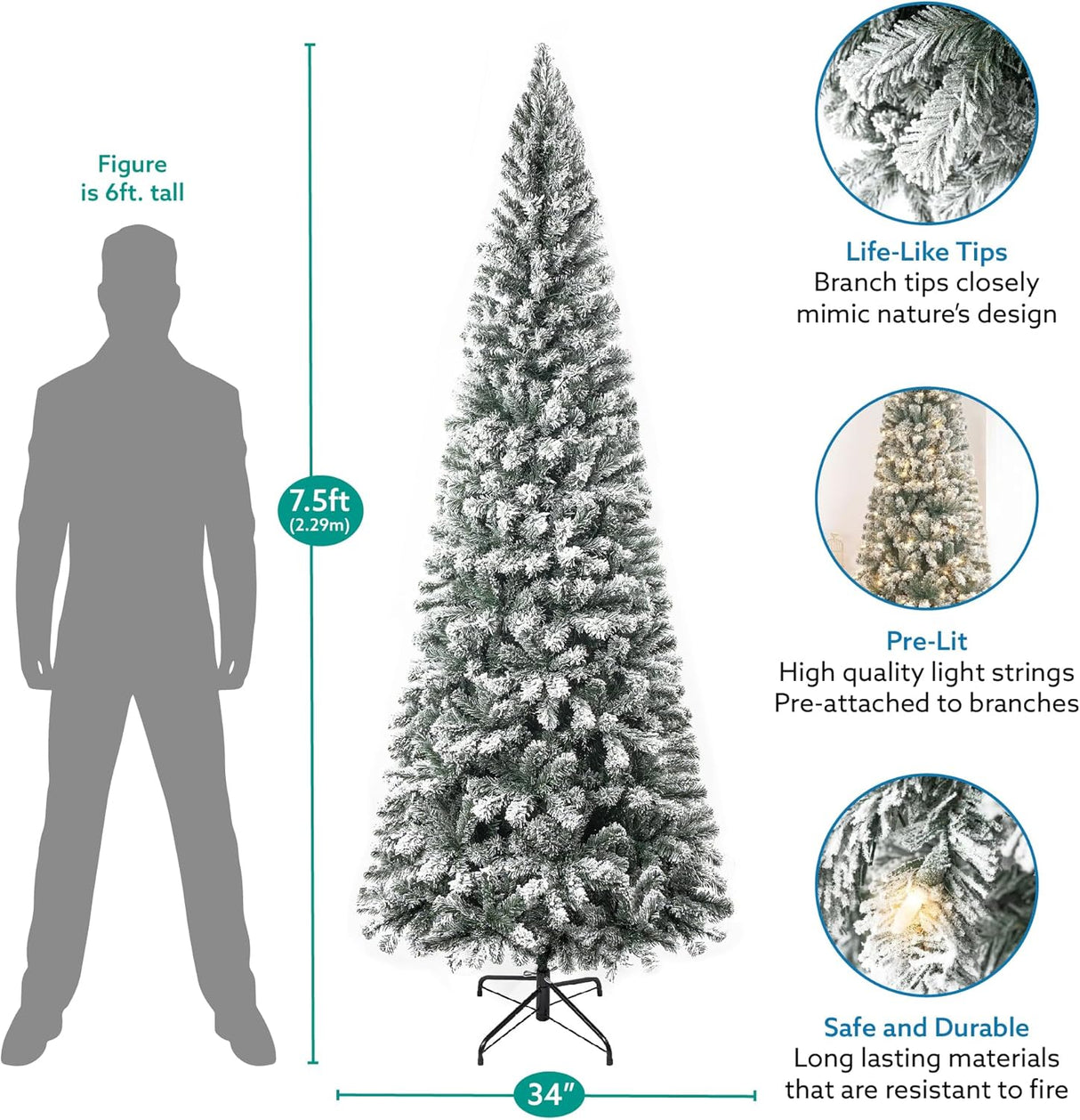 Árbol de Navidad Artificial 7.5ft Naomi Home, 350 Luces, Slim
