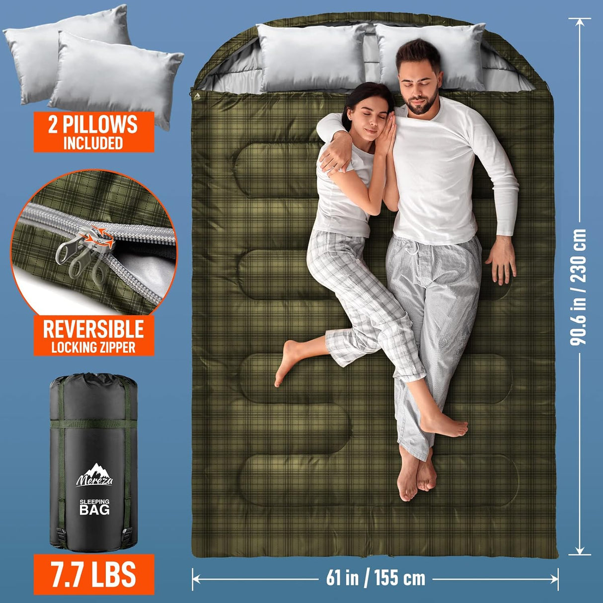 Saco de dormir doble XL tamaño Queen para acampar