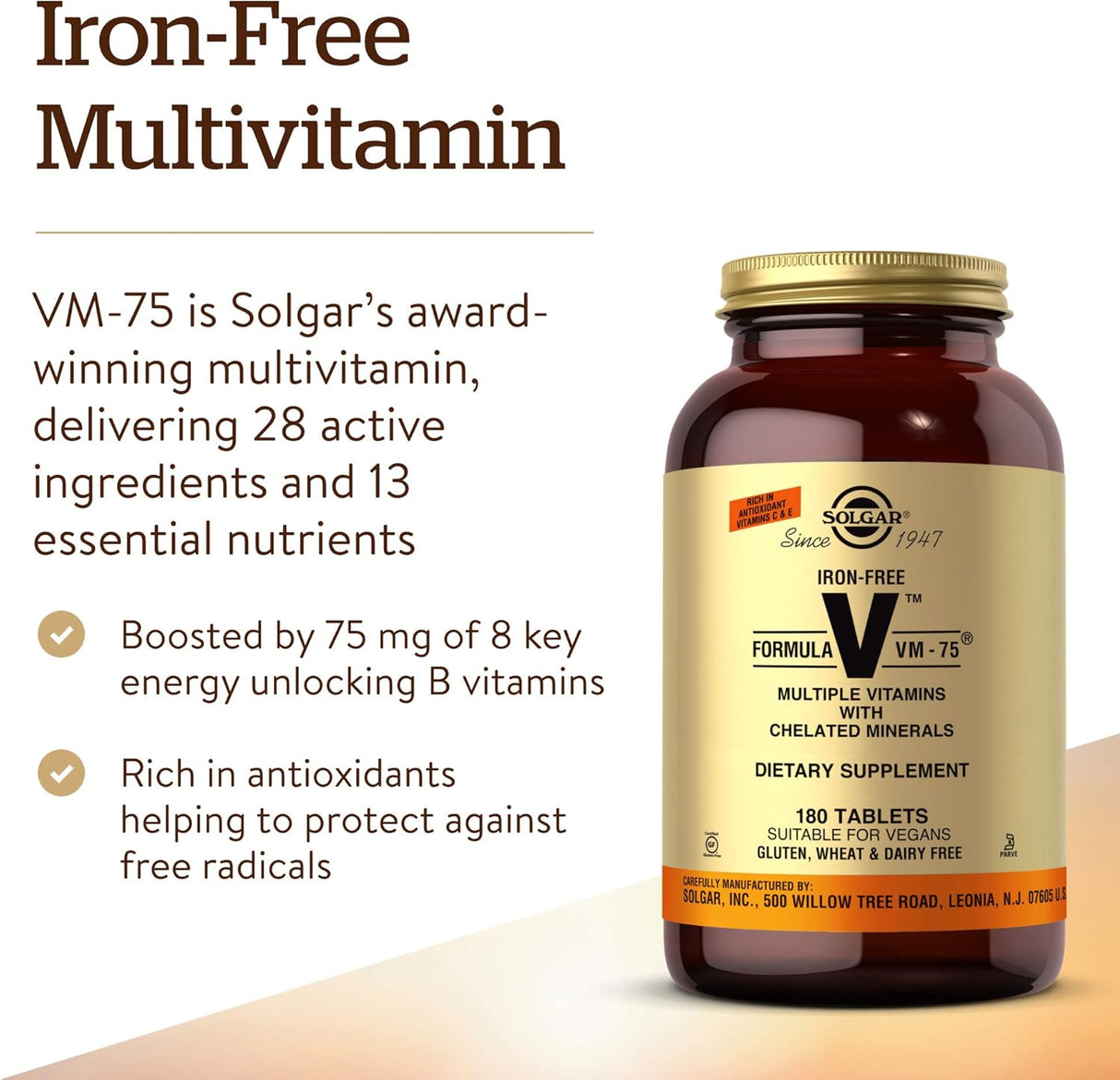Solgar VM-75 Multivitamínico Vegano, 180 Tabletas Sin Hierro