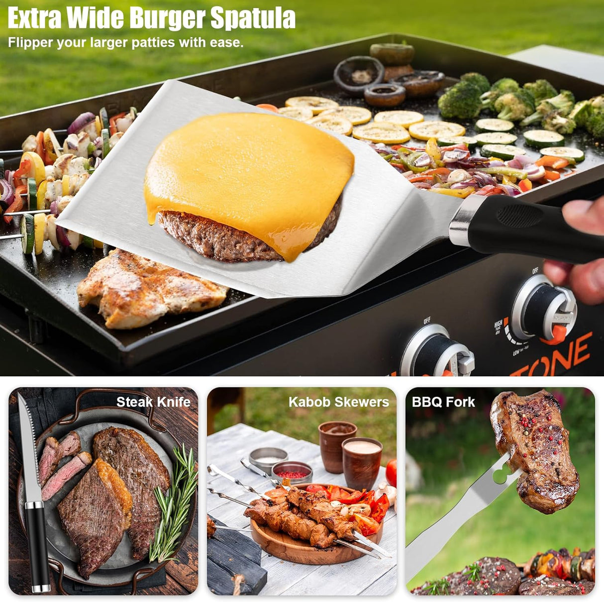 Kit de Accesorios 42pcs Blackstone, Espátulas y Prensa Hamburguesa