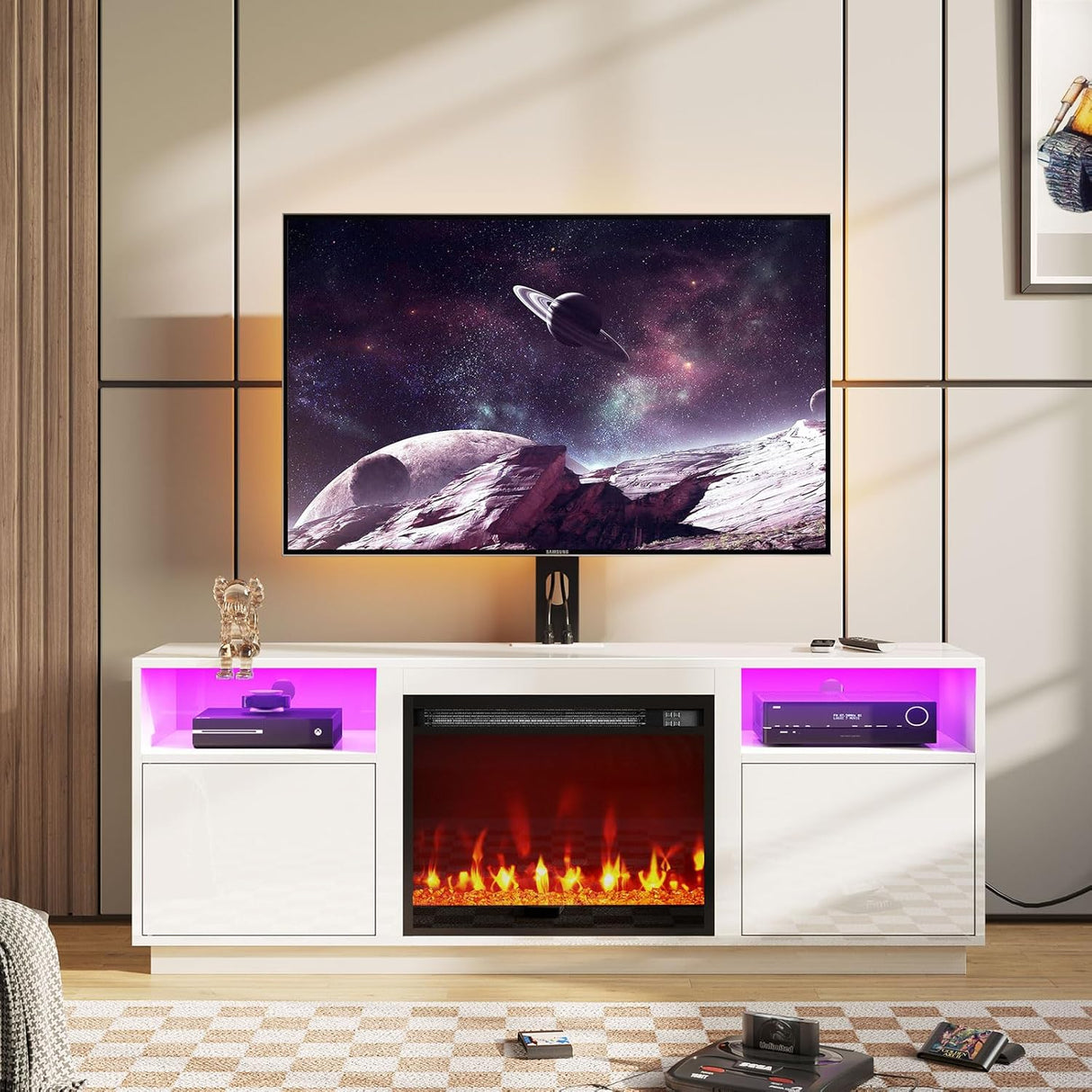 Soporte para TV Rolanstar con chimenea eléctrica y luces LED