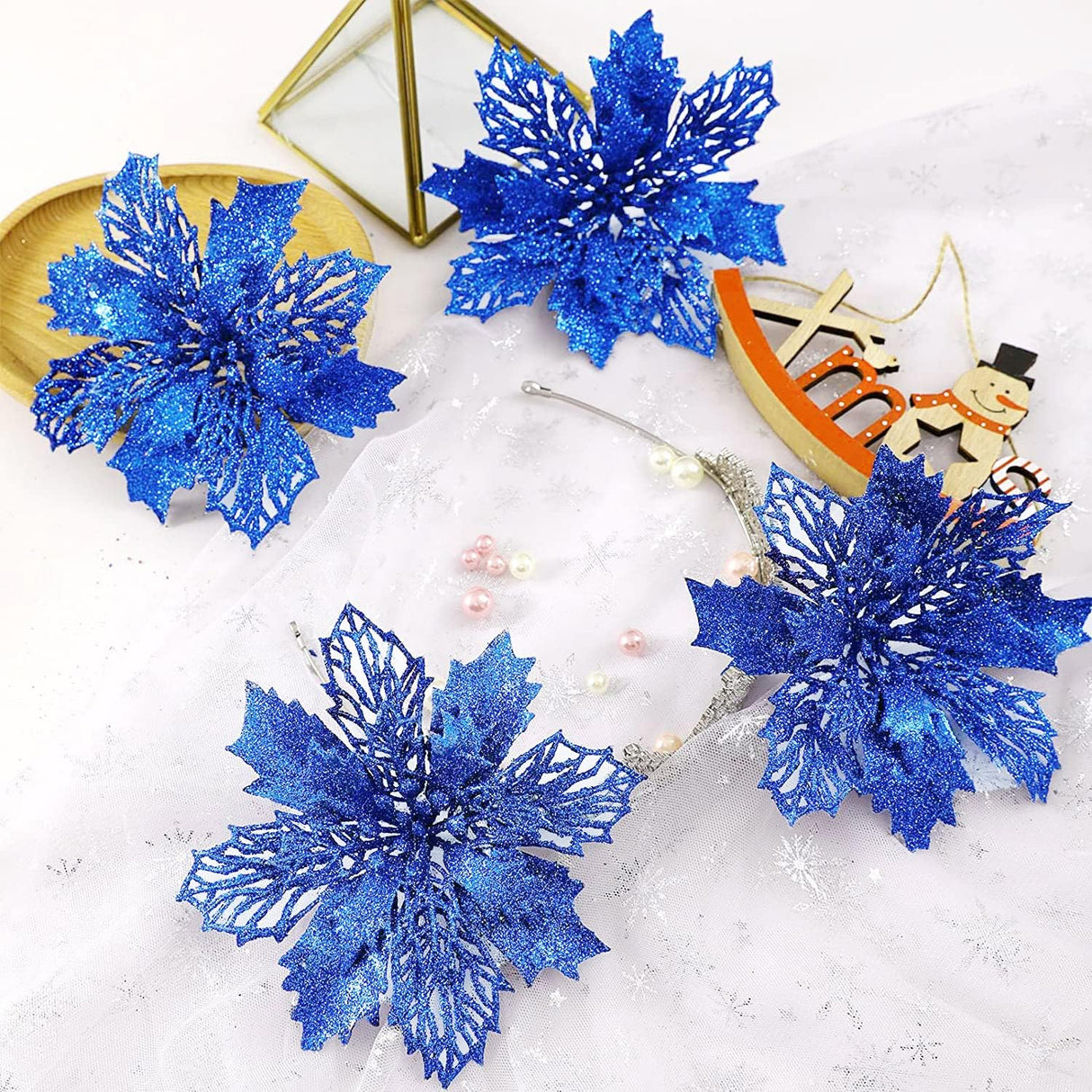 Flores Poinsettia Artificial Wironlst - 16 Pcs Decoración Navidad