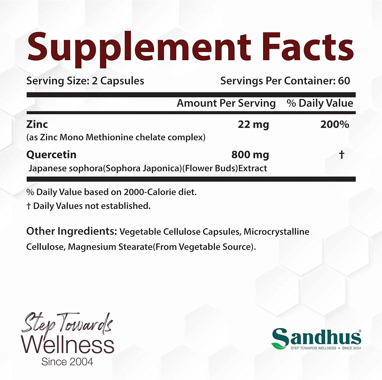 Suplemento Quercetina de zinc 120 cápsulas vegetarianas