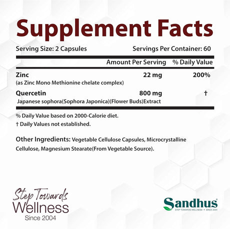Suplemento Quercetina de zinc 120 cápsulas vegetarianas