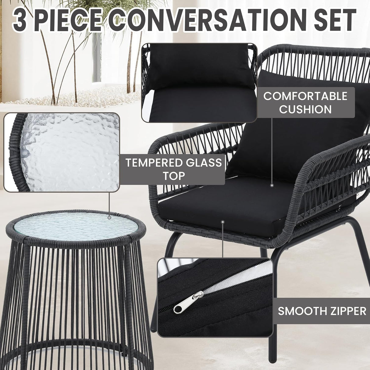 Wildformers Juego de 3 piezas de mimbre de mimbre, juego de conversación al aire libre, juego de muebles de mimbre con mesa superior de cristal, ahorro de espacio para balcón, patio trasero, negro