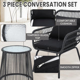 Wildformers Juego de 3 piezas de mimbre de mimbre, juego de conversación al aire libre, juego de muebles de mimbre con mesa superior de cristal, ahorro de espacio para balcón, patio trasero, negro
