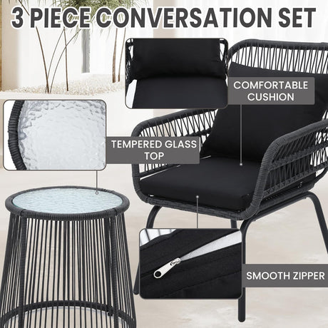 Wildformers Juego de 3 piezas de mimbre de mimbre, juego de conversación al aire libre, juego de muebles de mimbre con mesa superior de cristal, ahorro de espacio para balcón, patio trasero, negro