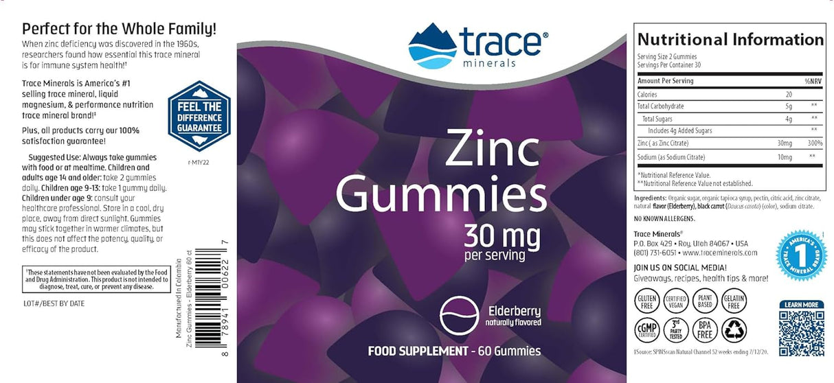 Trace Minerals Zinc Gummies - Suplemento con Elderberry, 60 Gummies