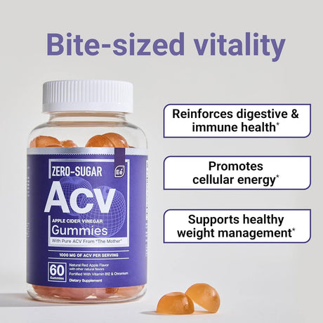 Essential Elements Gomitas de vinagre de sidra de manzana ACV sin azúcar de &#34;The Mother&#34; - Gomitas veganas ACV de origen natural con ácido fólico y vitamina B12, 60 unidades