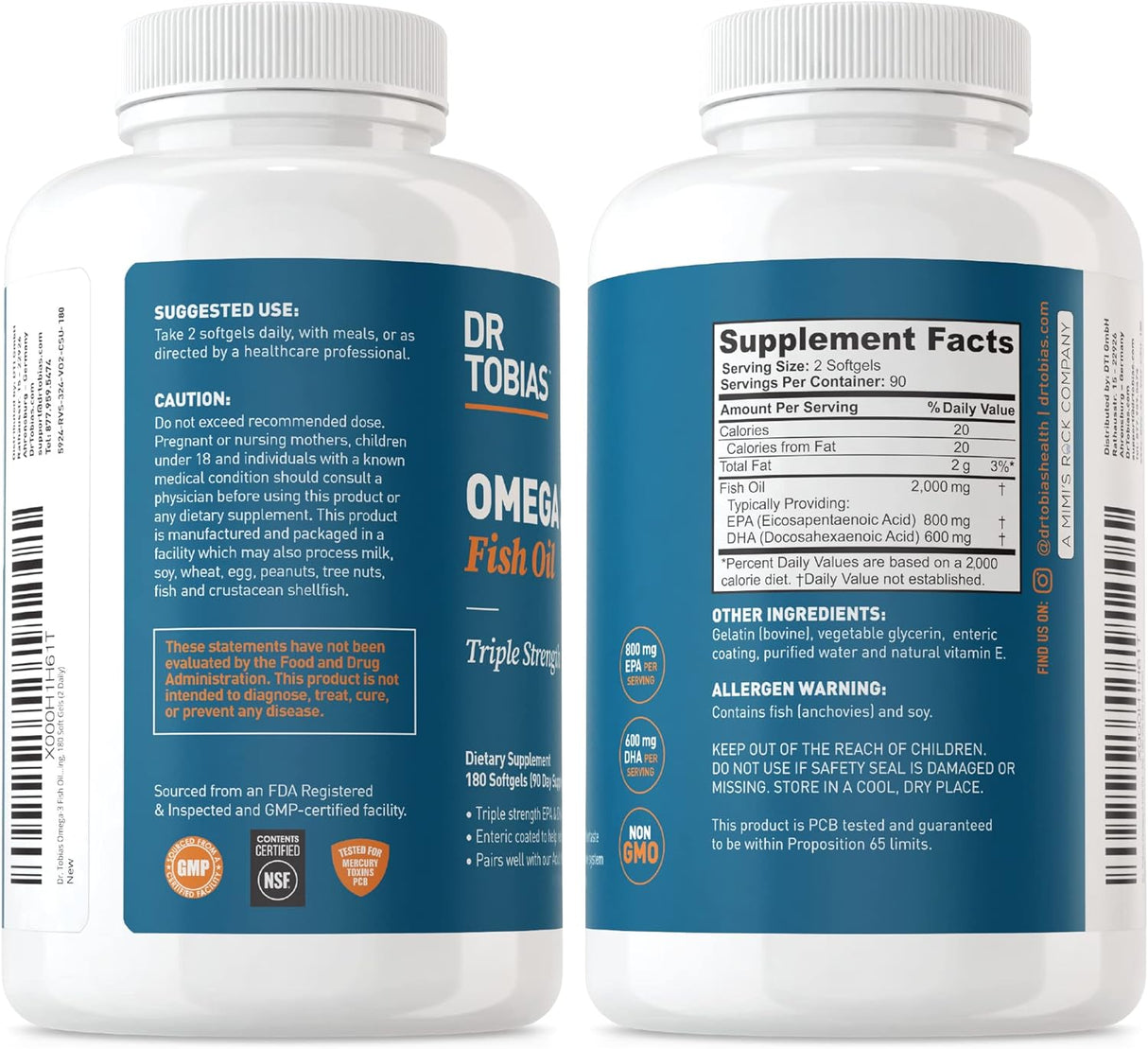 Suplemento Omega 3, Dr. Tobias, 2000mg, 180 cápsulas