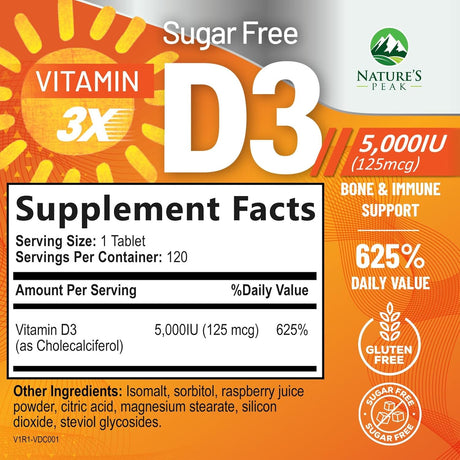 Suplemento de Vitamina D3 5000 IU - Alta Potencia, 120 Tabletas
