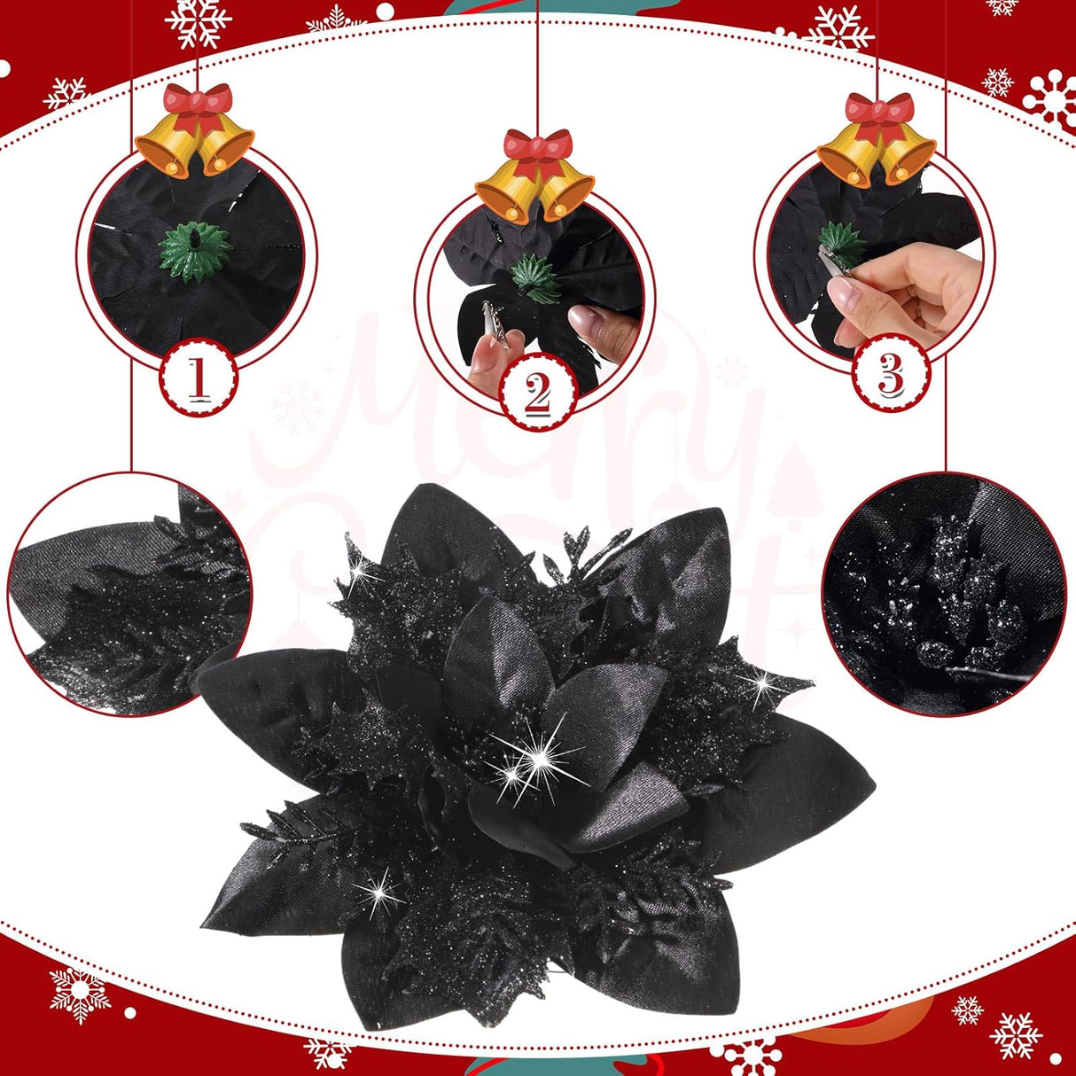 36 Piezas Flores Poinsettia Artificiales Navidad Clips 6/4/3 Pulgadas