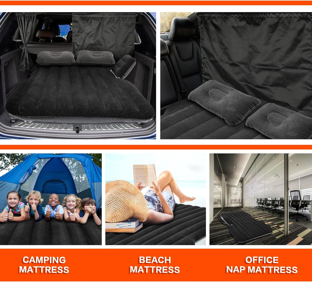 Colchón inflable de aire para coche, cortina divisora de coche, sombra para asiento trasero, cama, colchón de coche, camping, ventana de coche, con bomba de aire, 2 almohadas de aire, almohada de viaje, tapones para los oídos para SUV, RV, camión